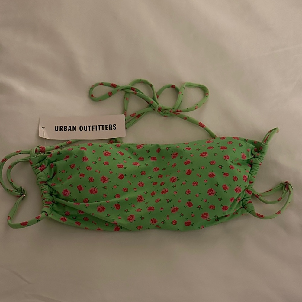 Urban Outfitters Green Floral Bandeau Swim Top with Red Rose Print